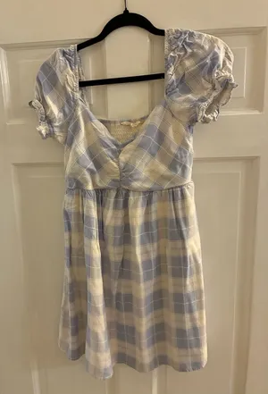 Prómesa Women’s Brand Light Blue and Cream Plaid Puff Sleeve Dress Size Small thumbnail 1