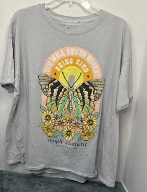 Simply Southern T-Shirt Women Kind Butterfly Flowers Medium Large Gray Oversized thumbnail 1