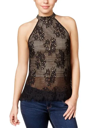 NWT Material Girl Juniors Lined Lace Halter Top 2698408 Black S thumbnail 1
