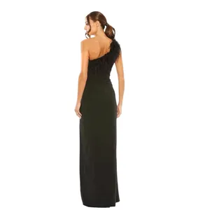 Mac Duggal 68456 Black One Shoulder Feather Trim Gown Size 6 Maxi Dress thumbnail 3