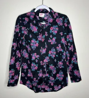 Billabong Women's Floral Button-Up Shirt‎ Size S 100% Cotton Black & Pink thumbnail 1