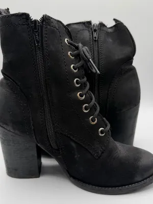 Steve Madden Lauuren Boots Womens 6.5 Black Leather Lace Up Block Heel thumbnail 5