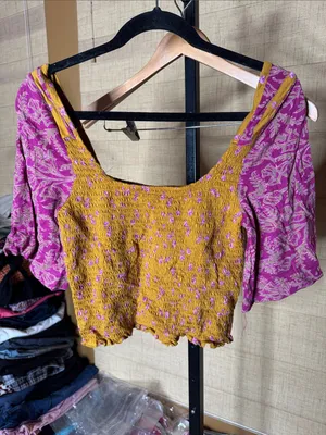 NWT Free People Marigold Tee Golden Combo Smocked Crop Top Boho Size Medium thumbnail 3