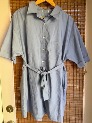 Blue Linen Blend Belted Button Front Romper Oversized Small thumbnail 6
