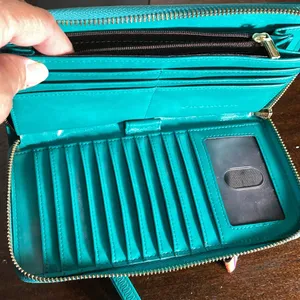 Chelmon Teal Leather Wristlet wallet with guitar wide strap zipper pull thumbnail 2