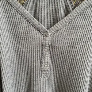 Free People Grey Yellow Stripe Sweet Confession Henley Waffle Knit Pullover thumbnail 8
