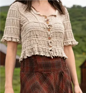 Natural Life Cardigan S Cottagecore Ruffle Pointelle Knit Cropped Peasant Hippie thumbnail 1