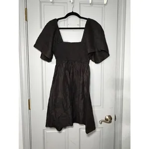Linen Puff Sleeve Mini Dress Smocked Back Cottagecore Size 10 thumbnail 3