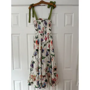 Prosperina Floral Smocked Midi Dress XS White Poppy Tiered Tie Strap Pockets thumbnail 2