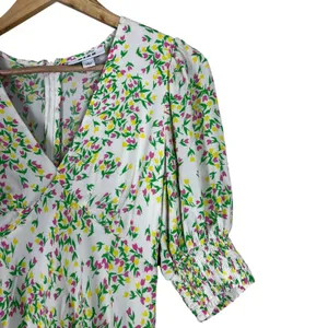 RIXO for Target Floral Tulip Mini Dress White Pink Green Smocked Puff Sleeve 2 thumbnail 3