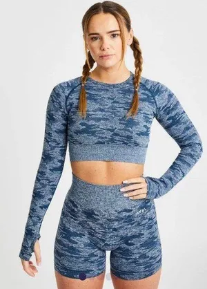 evolve camo seamless long sleeve crop top and shorts set thumbnail 1
