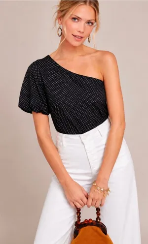 Anthropologie Maeve One Shoulder Top Black White Polka Dot Size Medium thumbnail 1