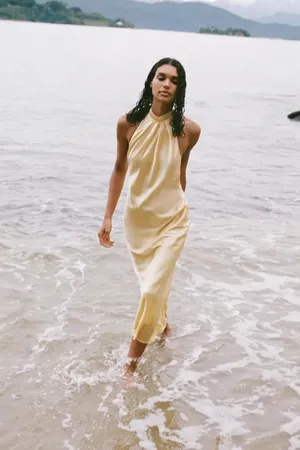 Zara butter Yellow Backless Halter maxi Dress holiday evening wedding thumbnail 18