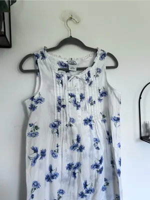 Vintage Laura Ashley 100% Cotton White & Blue Floral Print Nightgown Midi Dress thumbnail 2