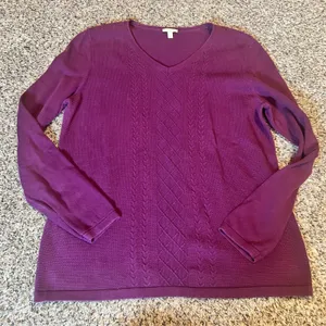 Talbots Womens Purple V Neck Cable Knit Long Sleeve‎ Cotton Sweater Size L thumbnail 1