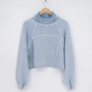 Aerie Cropped Sweater Womens Small Blue Knit Cotton Turtleneck Raglan Sleeve‎ thumbnail 2