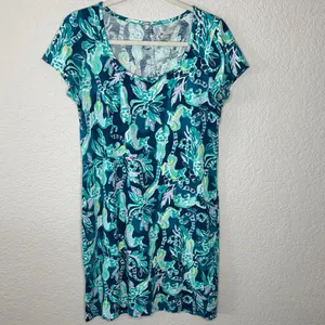 Lilly Pulitzer Navy Blue Green Floral Print Mini t shirt Dress thumbnail 3