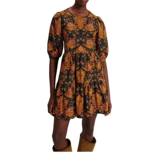 Farm Rio Arabesque Floral Mini Dress Puff Sleeve Tiered Black Yellow Large thumbnail 2