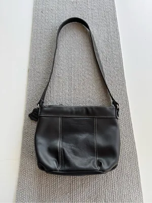 Vintage Black Leather Contrast Stitching Shoulder Bag Purse thumbnail 2