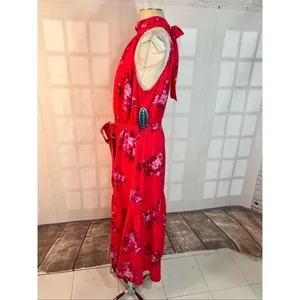 Scoop NWT Red Floral Halter Neck Tie Waist Sleeveless Maxi Dress Size XL thumbnail 7