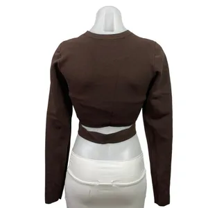 Aritzia TEN by Babaton Brown Cutout Long Sleeve Knit Crew Neck Crop Top Size M thumbnail 3