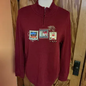 Y2K Kitschy Embroidered Sweater Cottagecore Cabin Lantern Fish Motif Zip Neck thumbnail 7