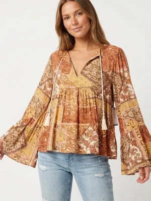 NEW Rip curl Tassel Bell Sleeve Top Blouse SMALL Boho Beach Surf Rust NEW thumbnail 1