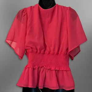Kaleina Blouse Flowing Flutter Short Sleeves Deep V-Neckline Pink Women's L NWT thumbnail 2