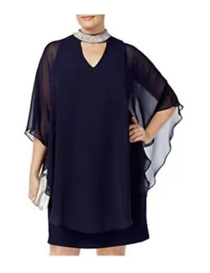 Xscape Chiffon Overlay Bead Choker Neck Shift Dress Sz 4 Navy Blue Cocktail NWT thumbnail 1