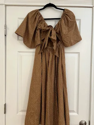 Abercrombie & Fitch Brown Polka Dot Midi Dress with Puff Sleeves thumbnail 4