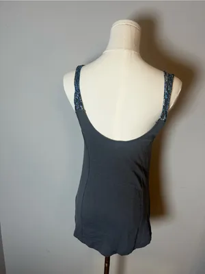 Free People Black Tank with Blue Floral Trim thumbnail 5