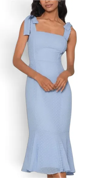 NWOT Lulus Bimini Powder Blue Dot Tie-Strap Midi Dress M thumbnail 1