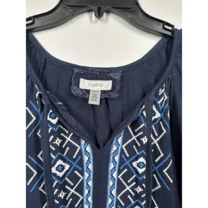 Cupio Small Dress Boho Navy Blue Embroidered Short Sleeve 100% Cotton Hippie thumbnail 3