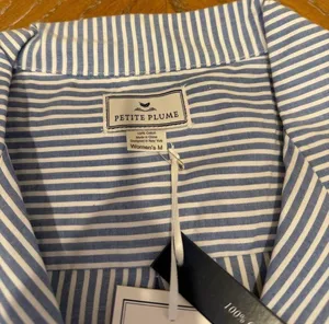 Petite Plume Women's Twill Pajama Set in French Blue Heritage Stripe thumbnail 5
