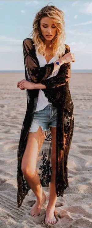 She & Sky Crochet Lace Midi Duster‎ Kimono Cardigan Black S/M $44 thumbnail 1