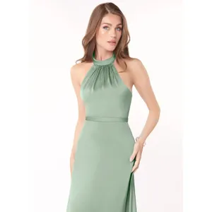 AZAZIE Womens Satin Delmar Green Halter Sleeveless Bridesmaid Maxi Dress Size 4 thumbnail 4
