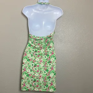 Y2K Green Halter Dress Medium Flower Print 2000s Party Club Rave Retro Casual thumbnail 2