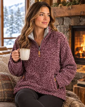 SHERPA Faux Fur KATYDID pullover sweatshirt Pink 1/4 Zip sweater Size L thumbnail 1