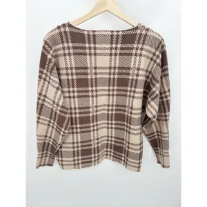 Adrienne Vittadini Brown Plaid Boxy Sweater Sz M‎ Quiet Luxury Minimal Neutral thumbnail 2