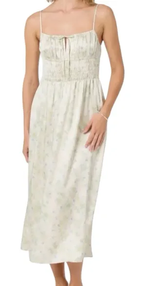 NWOT ASTR‎ The Label Floral Satin Smocked Midi Dress Size Large Cream Blue Slip thumbnail 1