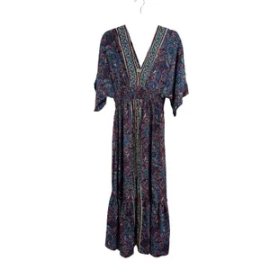 Natural Life Celia Maxi Dress XS Paisley Boho Smocked Kimono Sleeve Blue Red thumbnail 2