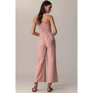 Jumpsuit Sz‎ L Smocked Stretch Pink Pull On Wide Leg High Rise Tank Cisono thumbnail 3