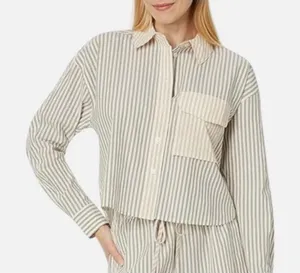 Madewell Flap Pocket Crop‎ Button Up Shirt Poplin Lagoon Women's Small Striped thumbnail 1