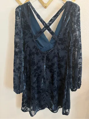 Lulus Stunning Stance Teal Blue Velvet Floral Long Sleeve Mini Dress Medium thumbnail 5