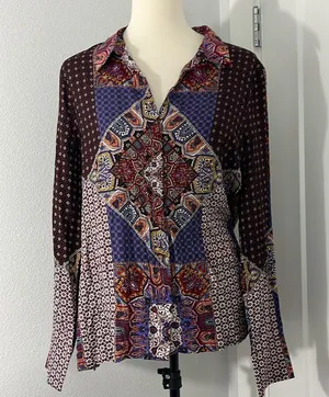 Crosby Large Purple, Red Boho Pattern 70s Button Down Long Sleeve Shirt thumbnail 2