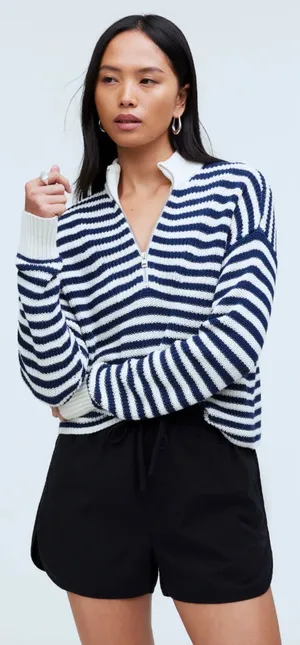 Madewell Ribbed Half-Zip Sweater in Stripe Ivory White Navy Blue‎ Size XXL thumbnail 1