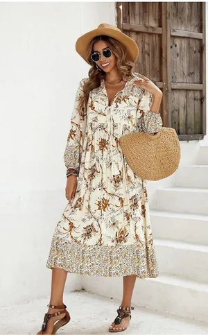 NEW Long Sleeve Floral Print Retro V Neck Tassel Bohemian Midi Dress 2X thumbnail 3