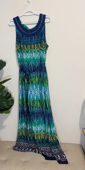 Sleeveless Blue-Green Patterned Maxi Dress 3x with tie waist thumbnail 1