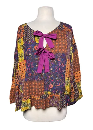 NWT EASEL Women’s Boho Tie Front Mixed Floral Paisley Print Top thumbnail 1