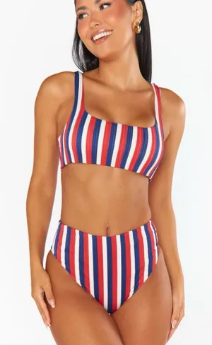 Show Me Your MuMu swim suit Red, Blue & White Striped Scoop Bikini Set thumbnail 1